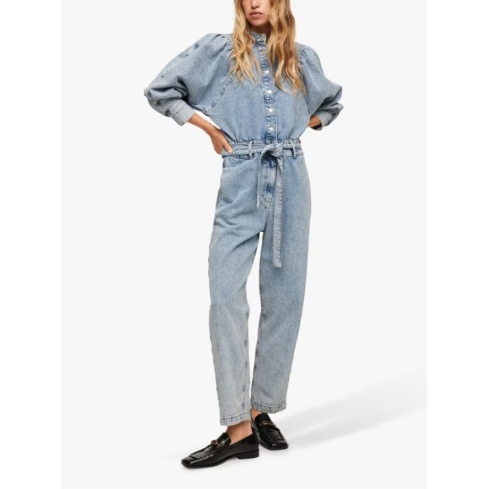 MNG Mango Womens Lola Denim Jumpsuit Puff Sleeve Belted Waist Open Blue Small